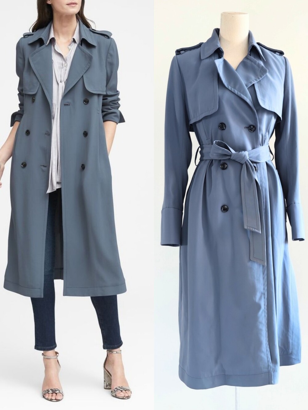 Like New Banana Republic Blue Double-Breasted Soft Pleat Trench Coat with Belt